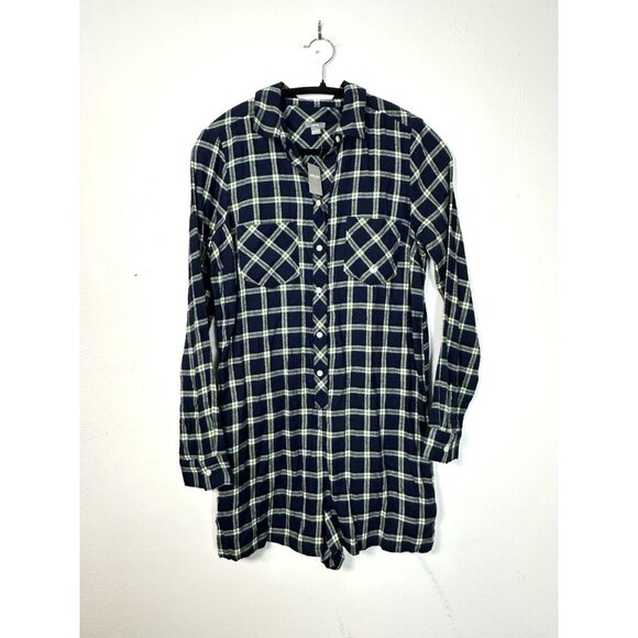Aerie Women's Plaid Button Front Long Sleeve Romper Size Small NWT Blue Green - Picture 1 of 13